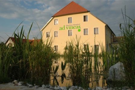 Guest house by the bathing pond with reeds in the foreground.
