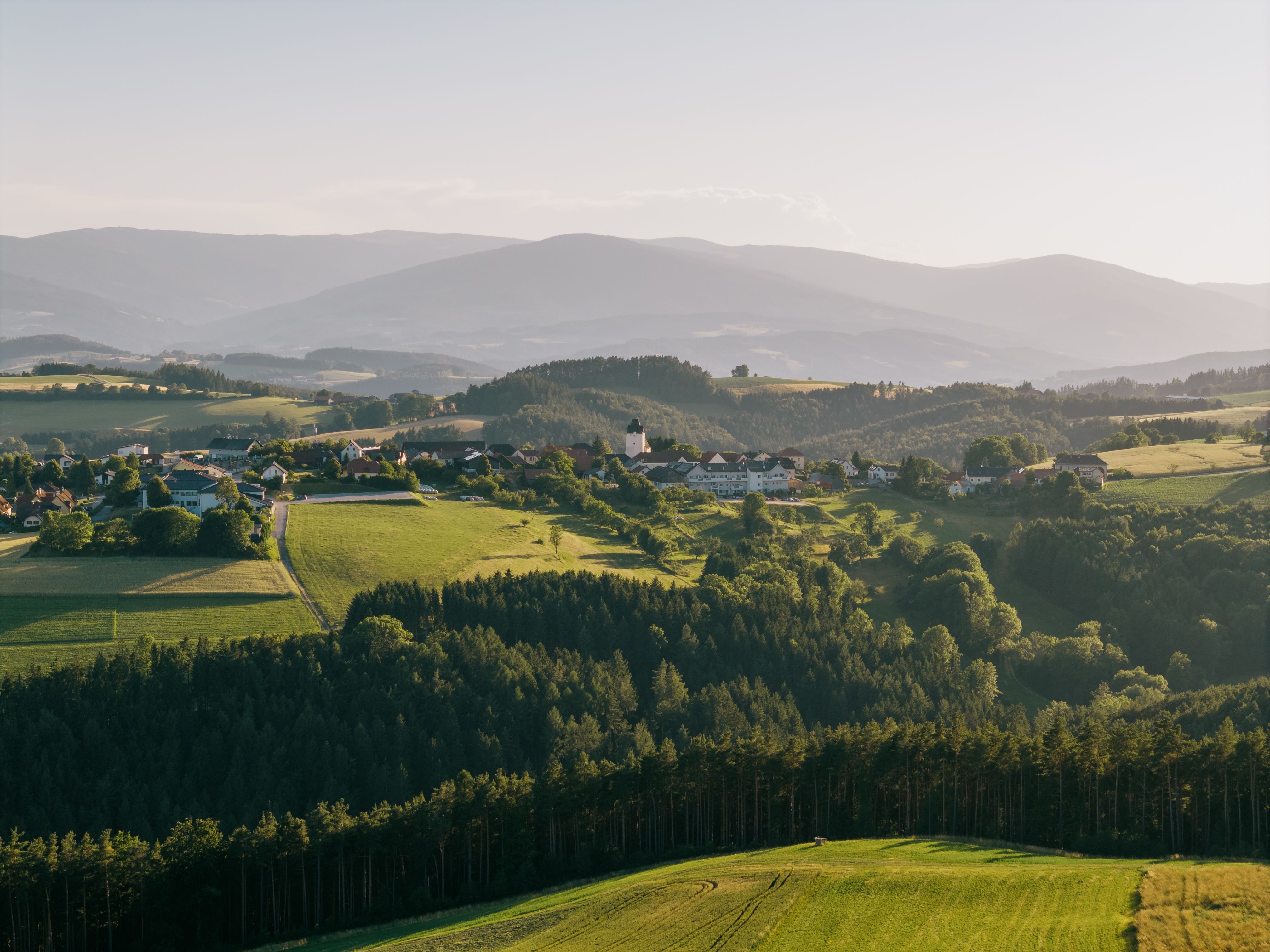 Landscape view of Lichtenegg in Pesendorf with green fields and forests in the foreground and mountains in the background.