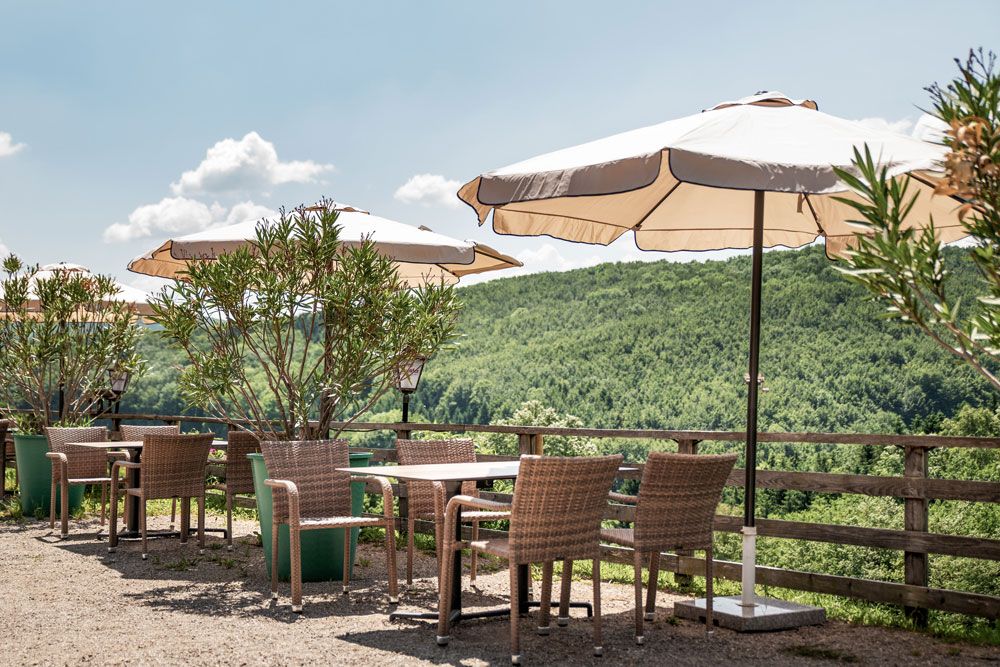 A guest garden with tables, chairs and parasols in front of a green hilly landscape.