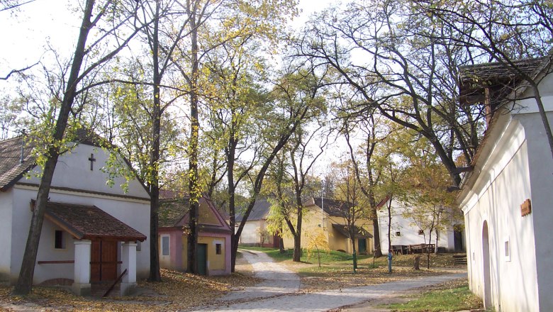 A picturesque wine cellar lane with small, traditional buildings and trees in the fall.