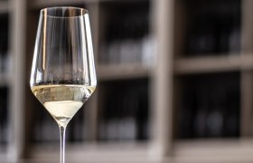 Close-up of a wine glass with white wine in front of a blurred background.
