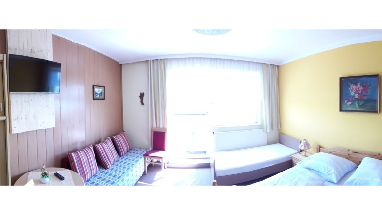 A bright guest room with sofa, bed, TV and painting on the wall.