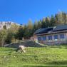 Wooden house in the mountains with blue sky and green meadow.