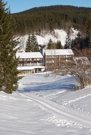 Snow-covered hotel in a mountain landscape with fir trees.