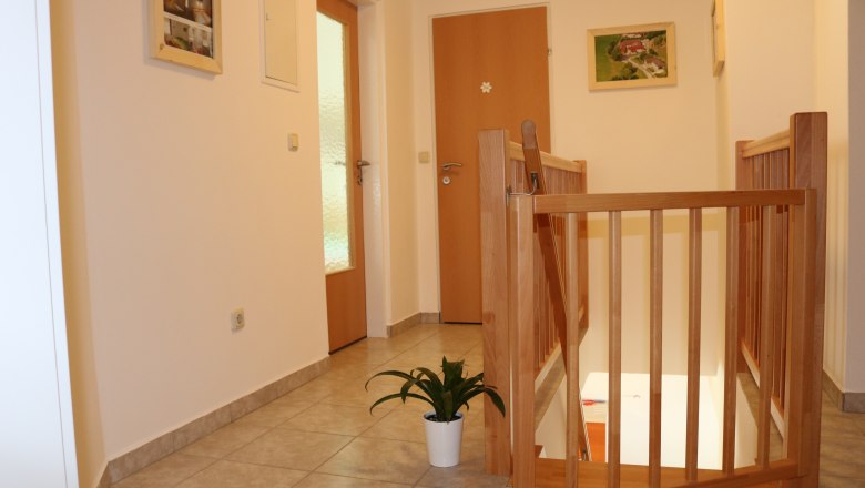 A bright hallway with wooden doors, a banister and a potted plant on the floor.