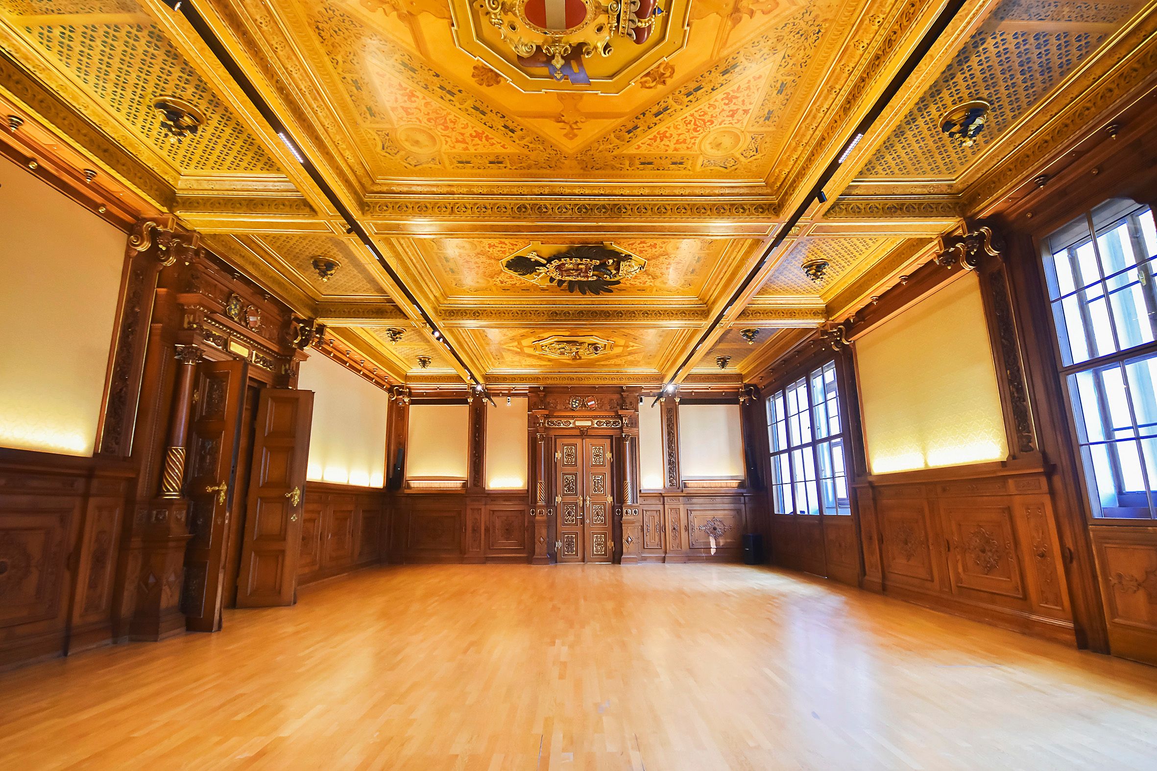 Magnificent hall with richly decorated wooden ceiling and walls in Palais Niederösterreich.