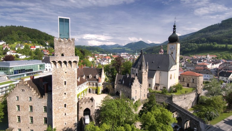 Aerial view of Schloss Rothschild in a green landscape with mountains in the background.