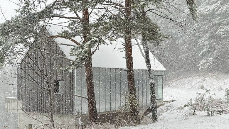 A modern house in the forest, surrounded by snow and trees, while it is snowing heavily.