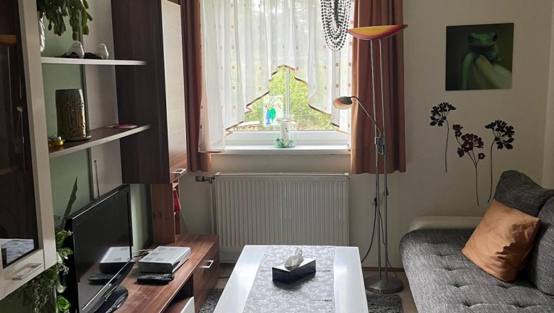 Cozy living room with sofa, coffee table, carpet and TV. A chandelier hangs from the ceiling, plants and decorations are visible.