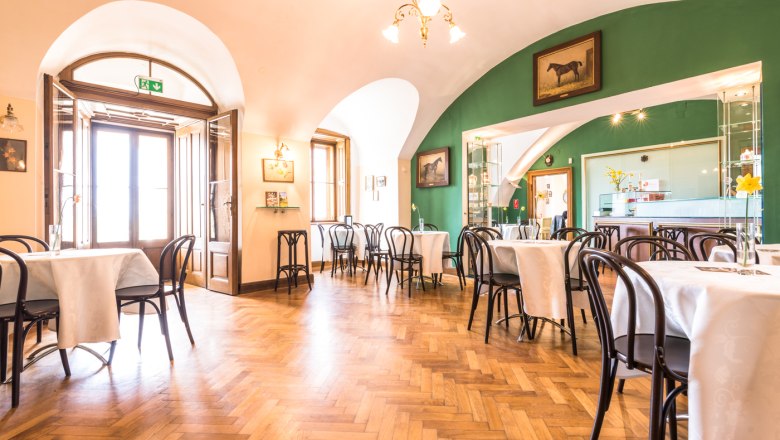 Interior view of an elegant café with wooden floor, white tablecloths and green wall.
