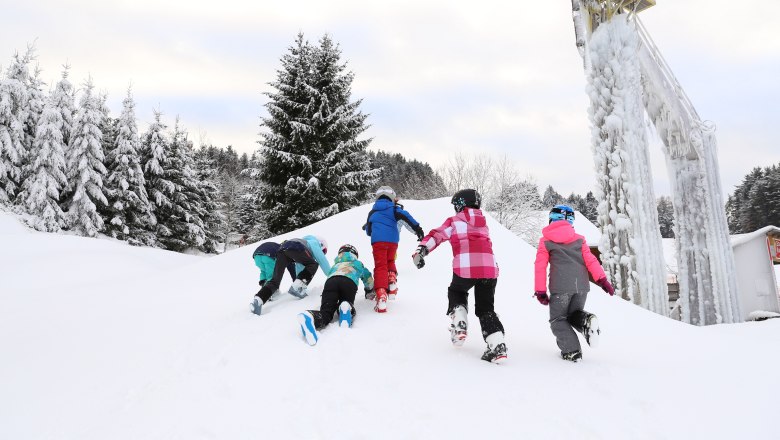 Children in winter clothing climb up a snow-covered hill, surrounded by snow-covered trees and an icy structure.