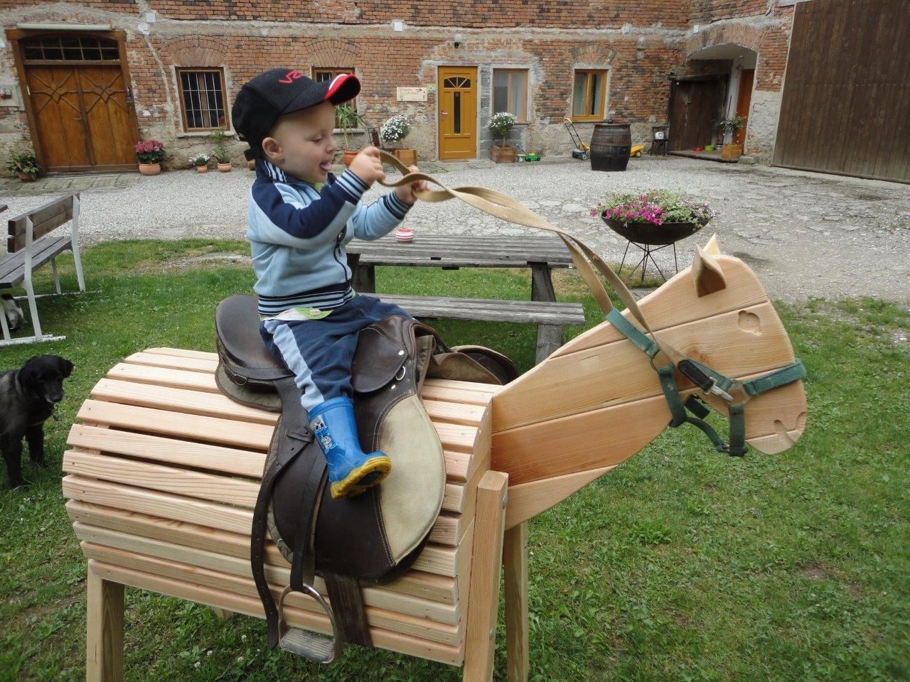 A child sits on a wooden toy horse outdoors.