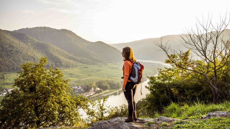 A woman with a rucksack stands on a hill and looks out over a river landscape with mountains in the background.