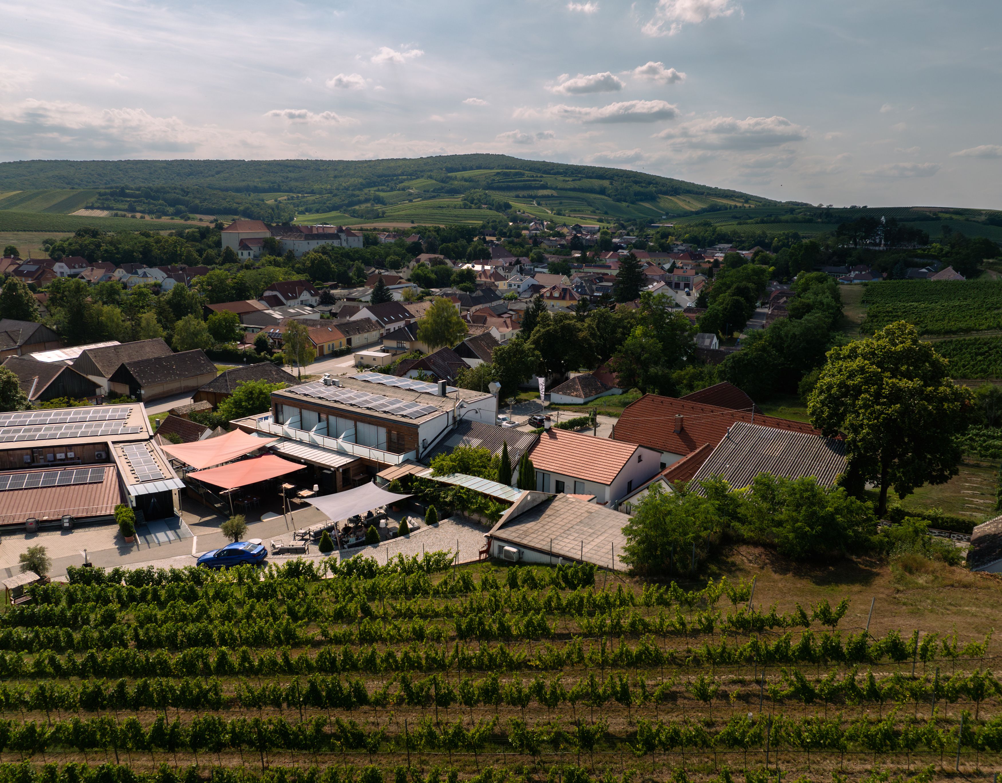 Aerial view of a winery with surrounding buildings and vineyards.