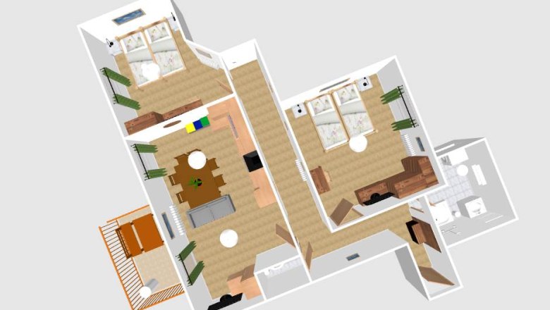 3D floor plan of a vacation apartment with two bedrooms, living room, kitchen and balcony.