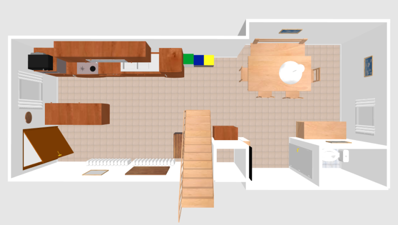3D floor plan of an apartment with kitchen, dining table, stairs and bathroom.
