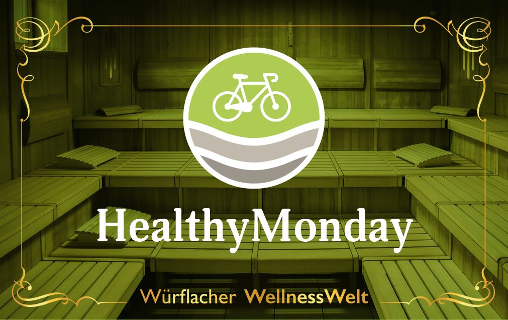 A wellness room with wooden benches and a logo with a bicycle and waves. Text: HealthyMonday, Würflacher WellnessWelt.