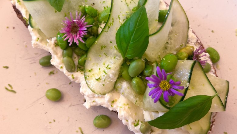 A sandwich with cream cheese, cucumber slices, edamame, basil leaves and purple flowers on a plate.