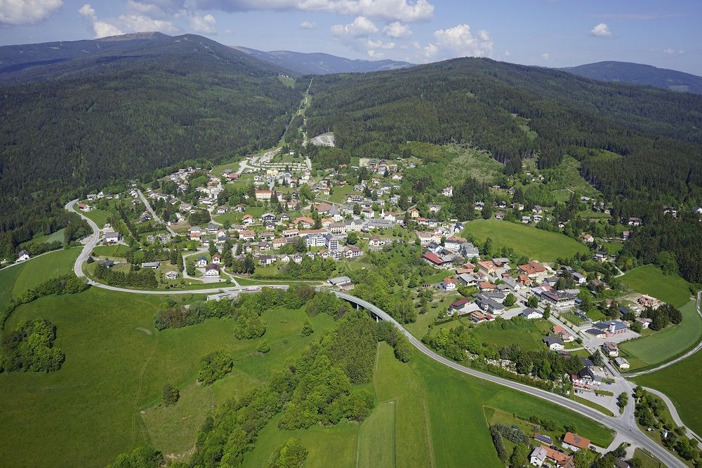 Aerial view of a village in a green, hilly landscape with forests and meadows.