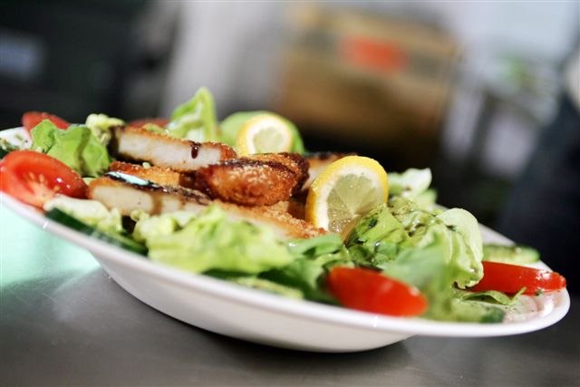 A plate with salad, breaded meat, tomatoes and lemon slices.