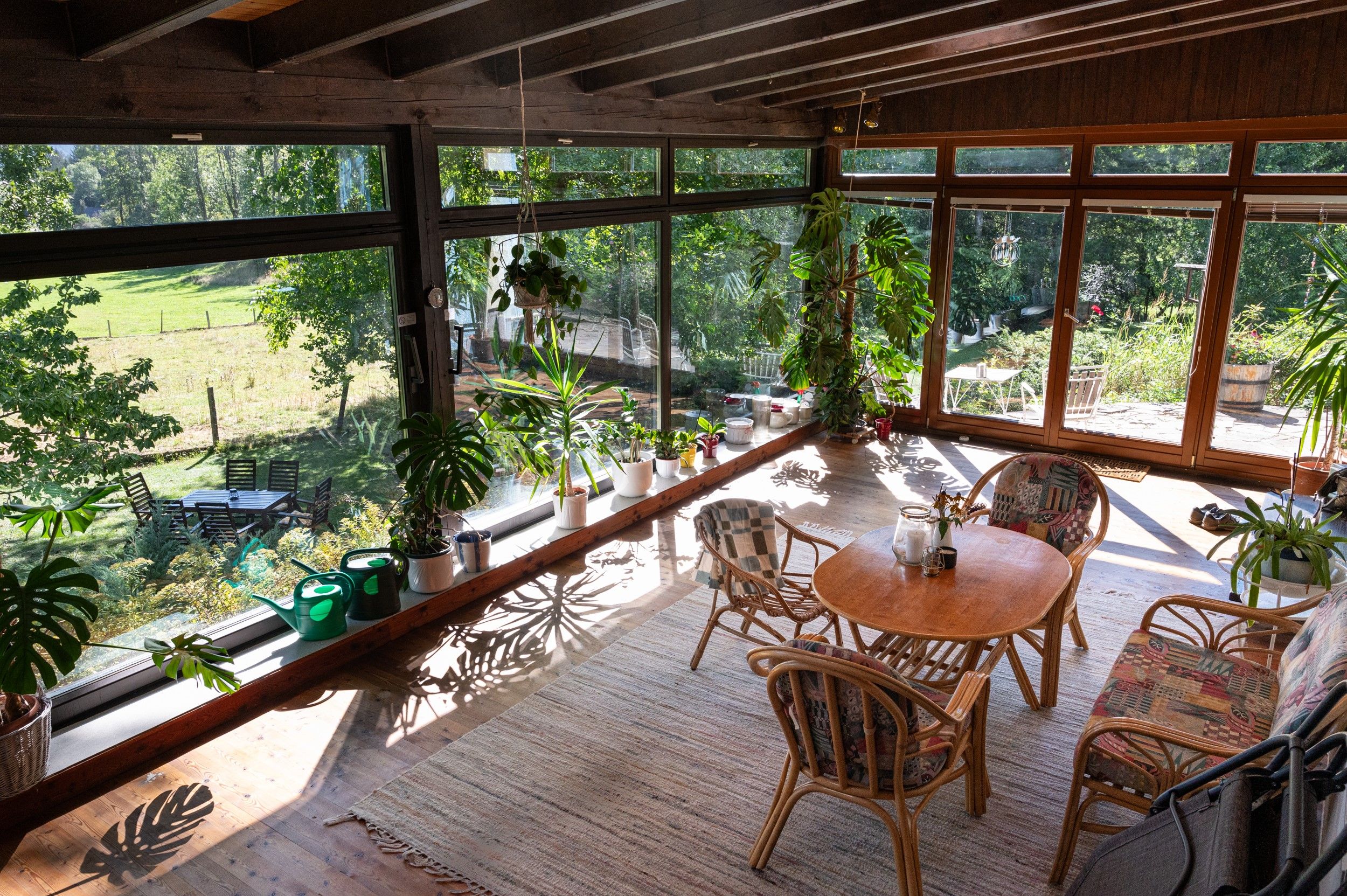 Conservatory with plants and wooden furniture, view of the garden.