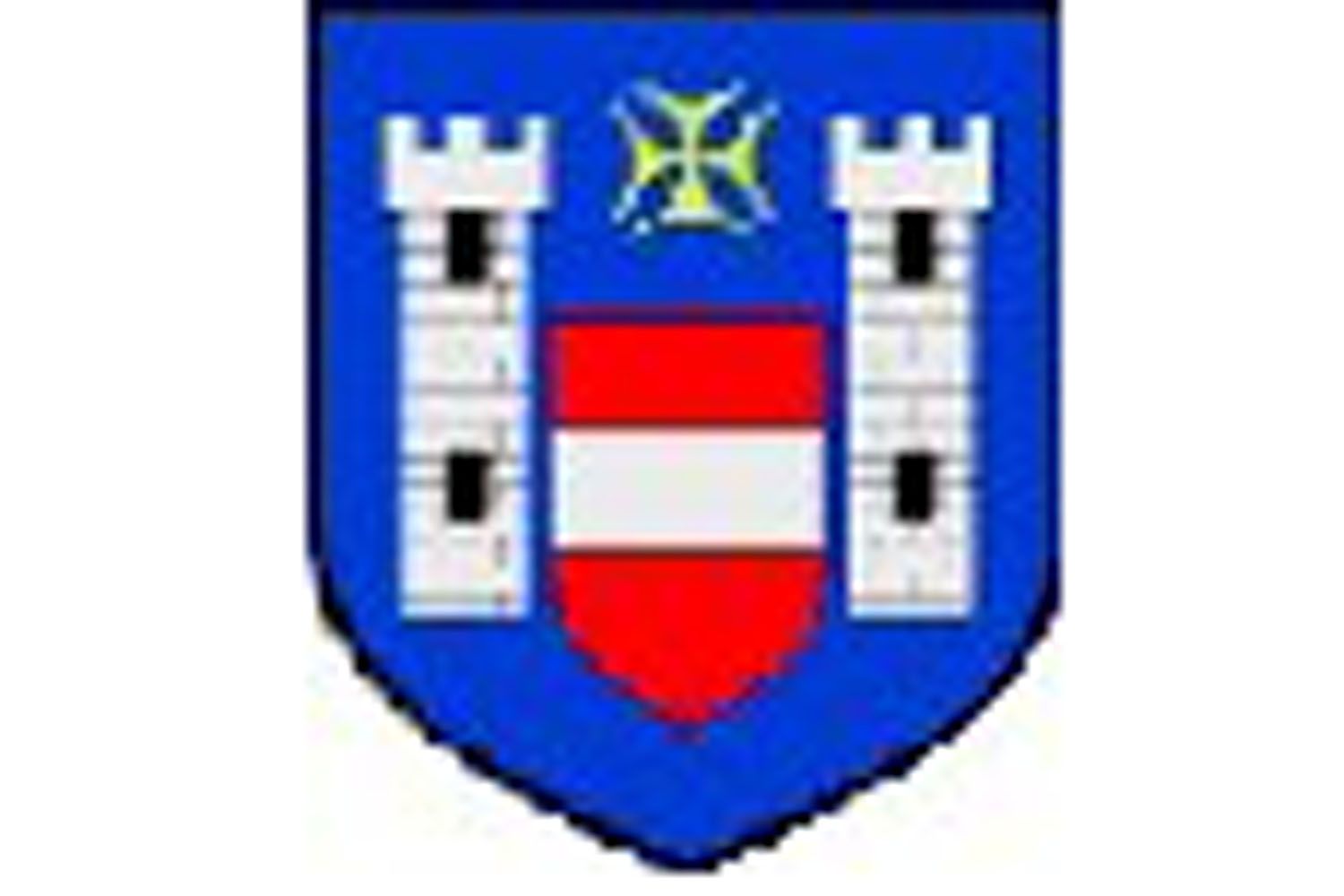 A coat of arms with two white towers, a red and white shield and a yellow cross on a blue background.