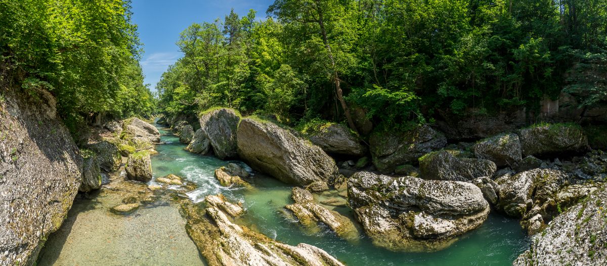 Panoramic view of the Erlauf gorge with its turquoise river and large rocks, surrounded by dense forest.