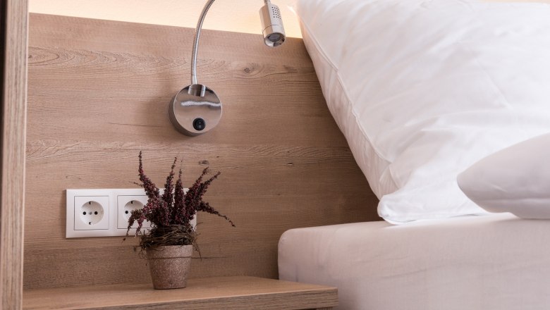 Close-up of a bed with wooden back panel, reading lamp, sockets and potted plant.