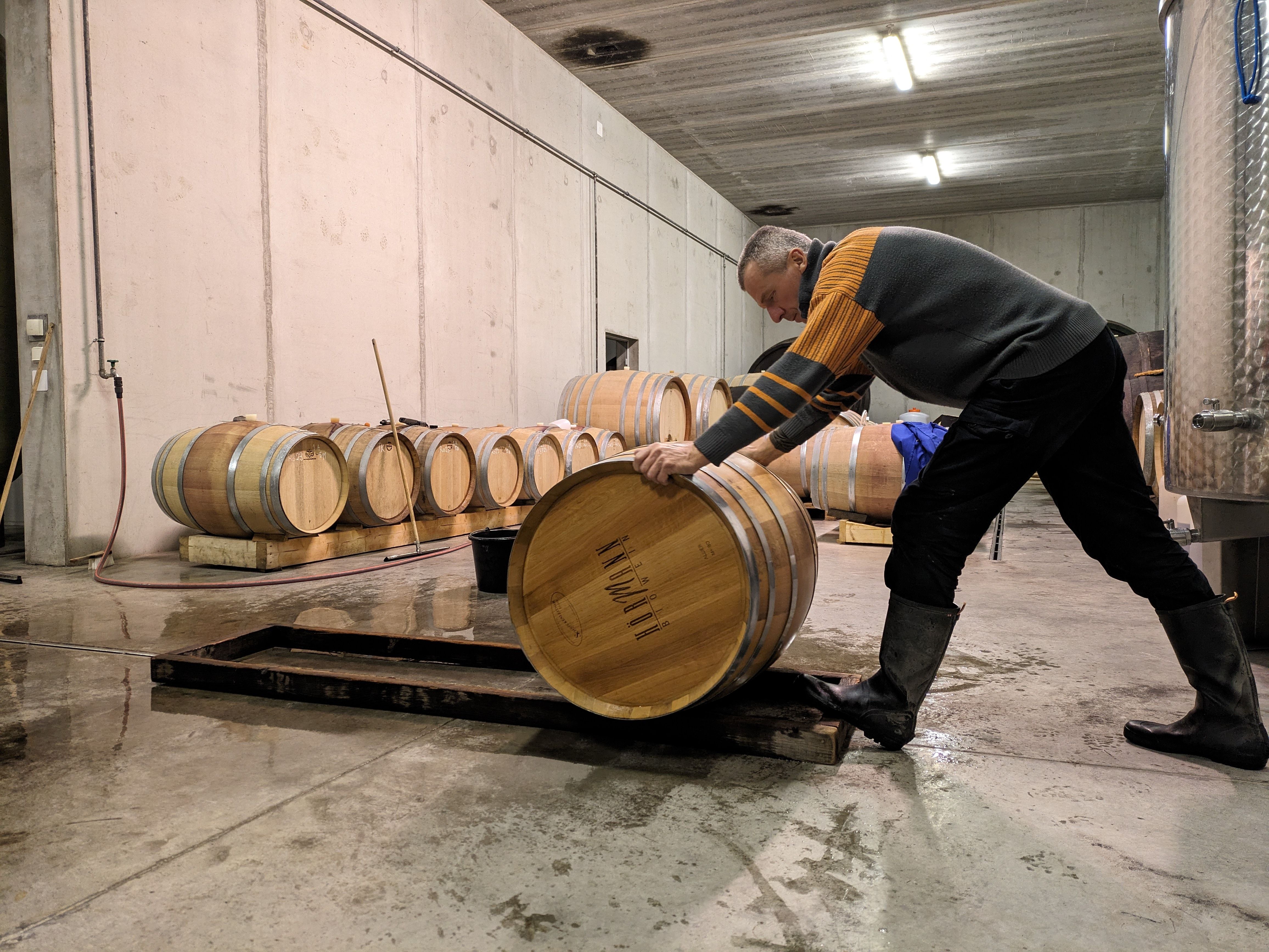 A person rolls a wooden barrel in a wine cellar.