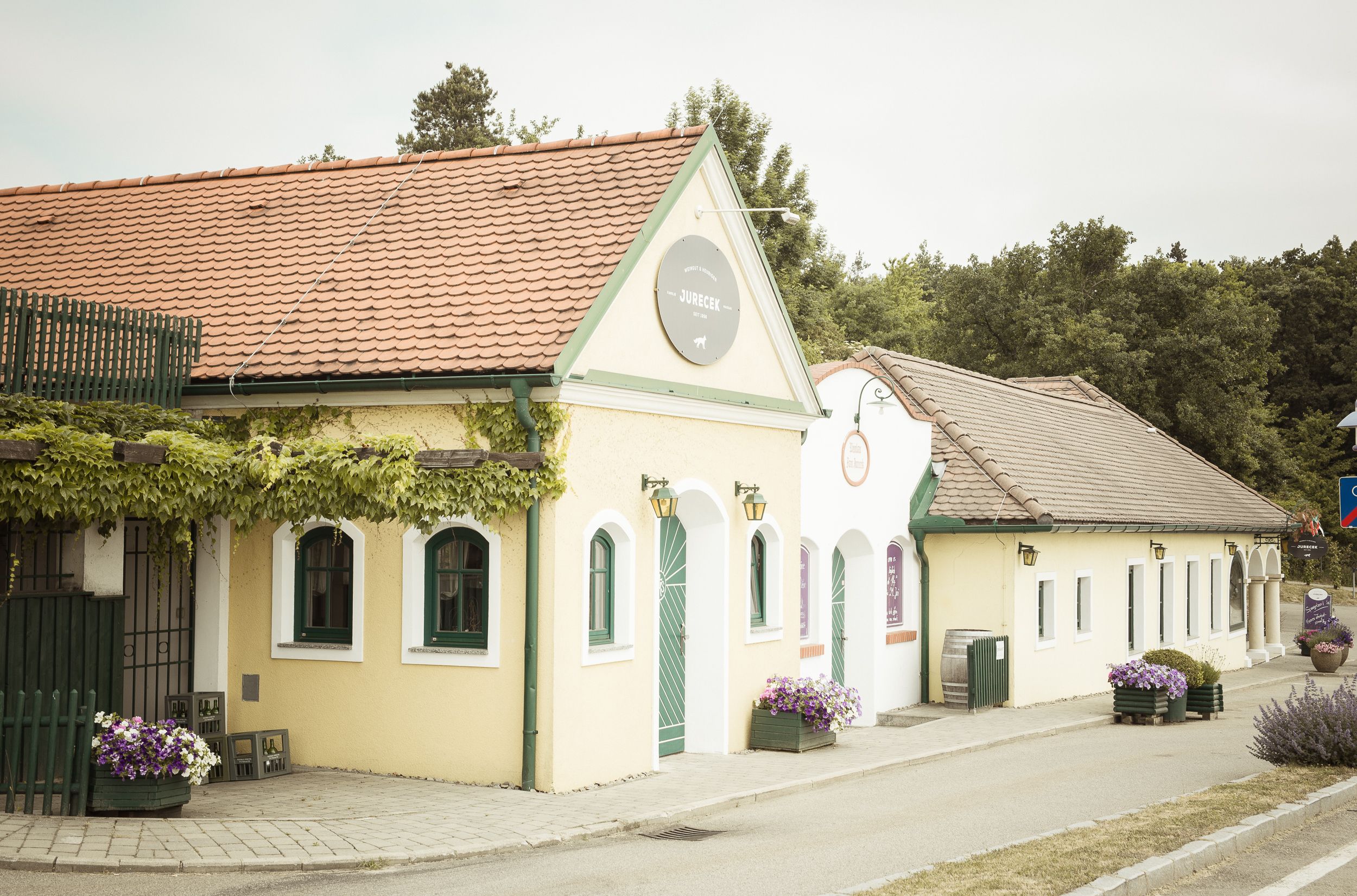 Exterior view of a traditional wine tavern with a yellow façade and red roof tiles, surrounded by plants.