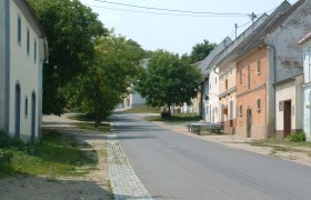 Street with traditional buildings and trees in a rural setting.