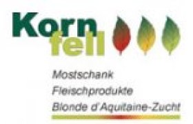 Logo of Mostschank Familie Kornfell with leaves and text in green font color.