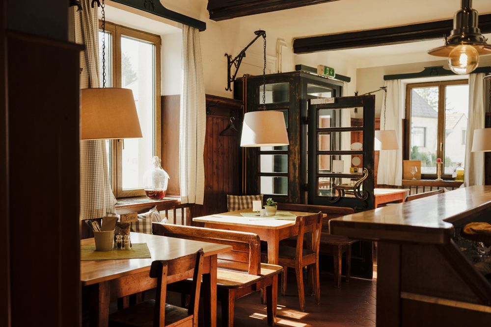 Cozy, rustic dining room with wooden furniture.