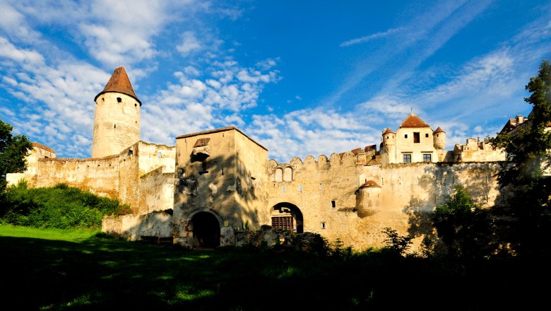 Seebenstein Castle with blue sky and clouds in the background.