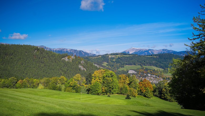 View of a green landscape with hills and mountains in the background, under a clear blue sky.