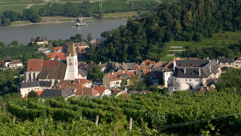 View of the Spitz parish church and surrounding vineyards.