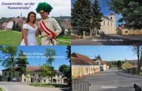 Collage of Drasenhofen with people in historical costumes, a church in Steinebrunn and an old inn.