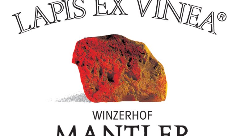 Logo of Winzerhof Mantler with a red stone and the lettering 'Lapis Ex Vinea'.