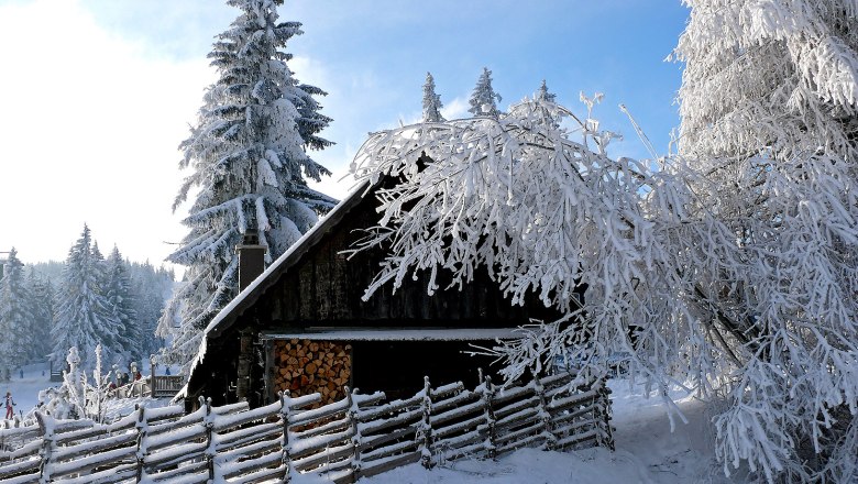 Snow-covered hut in Mönichkirchen with snow-covered trees and fence.