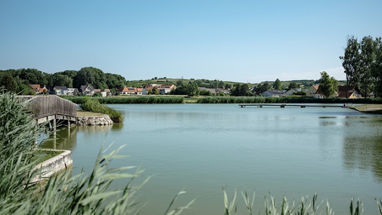 A quiet pond with a jetty and surrounding houses in Poysdorf.