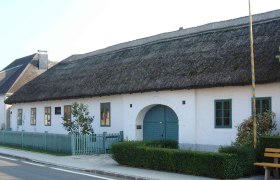 The house where Joseph Haydn was born in Rohrau, Austria, with a thatched roof and blue windows.