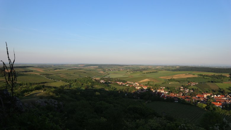 Panoramic view from the Falkenstein castle ruins over a wide, green landscape with fields and a village.
