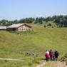 A group of hikers approaches a mountain hut on a green alpine meadow.