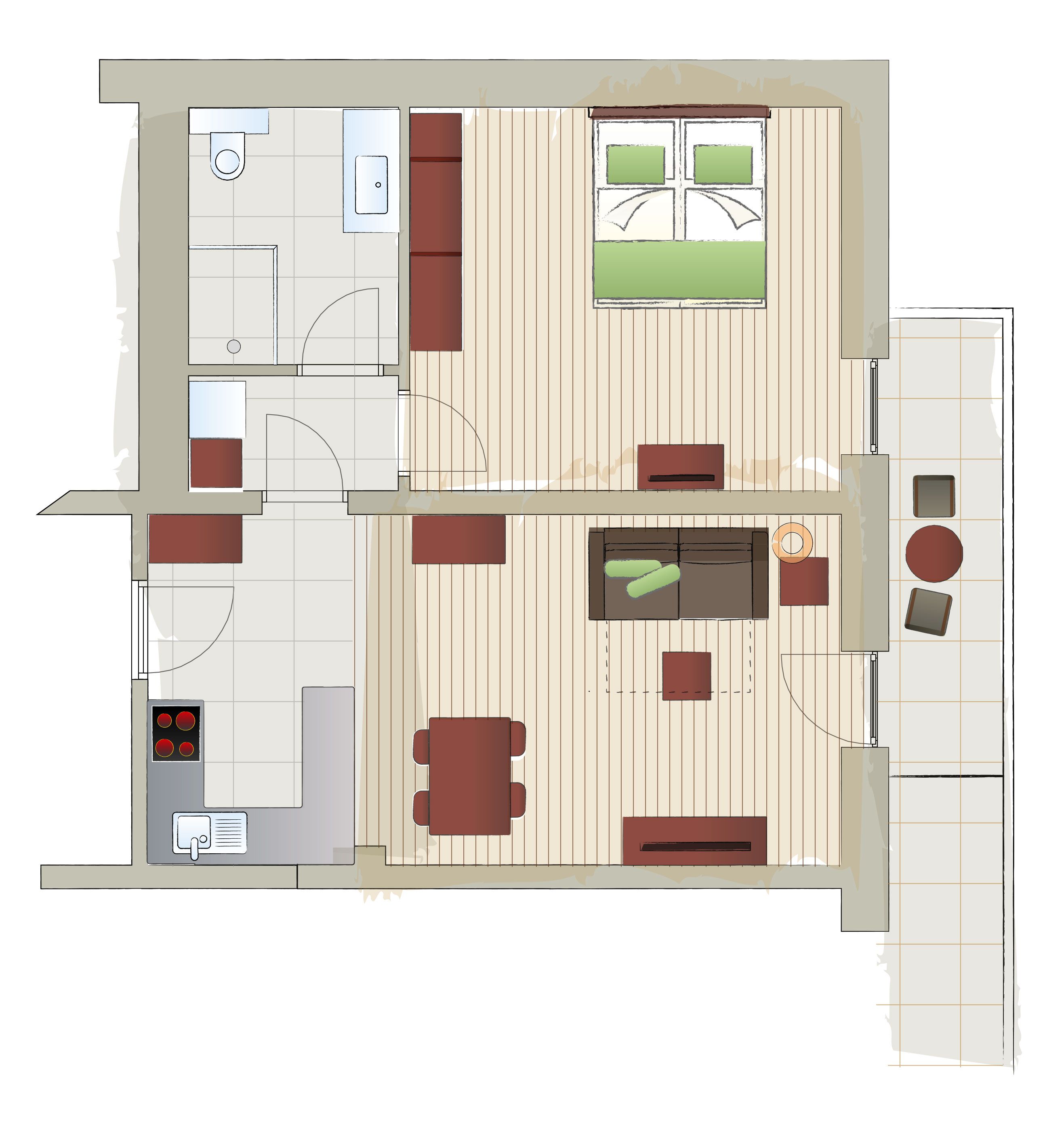 Floor plan of an apartment with bedroom, living room, kitchen, bathroom and balcony.