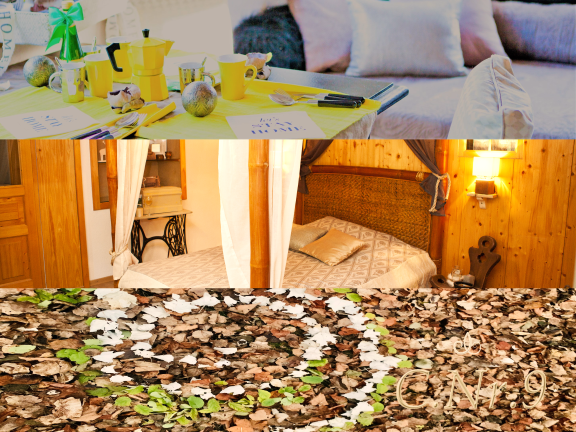 Collage of an apartment with a yellow table setting, cozy bedroom and leaves with a heart pattern.