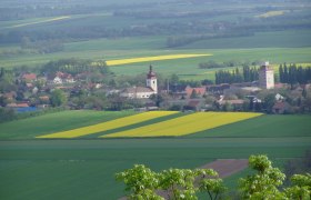 Landscape with village, church and fields in Prellenkirchen.
