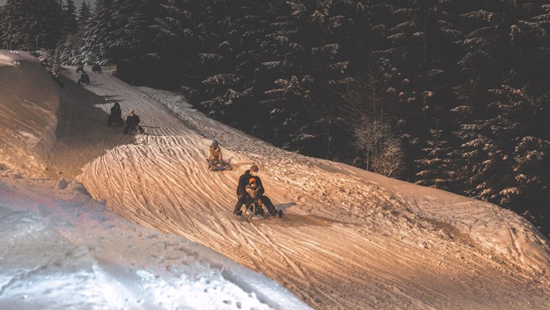People tobogganing at night on a floodlit snow slope in Semmering.