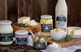 Various dairy products from Lamprecht beautifully draped on wooden boards, decorated with berries and herbs.