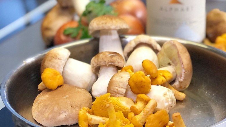 Various mushrooms in a metal bowl, including chanterelles and porcini mushrooms.
