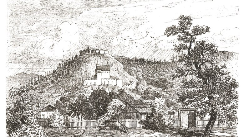 Historical engraving of Pitten with castle on a hill, surrounded by trees and buildings.